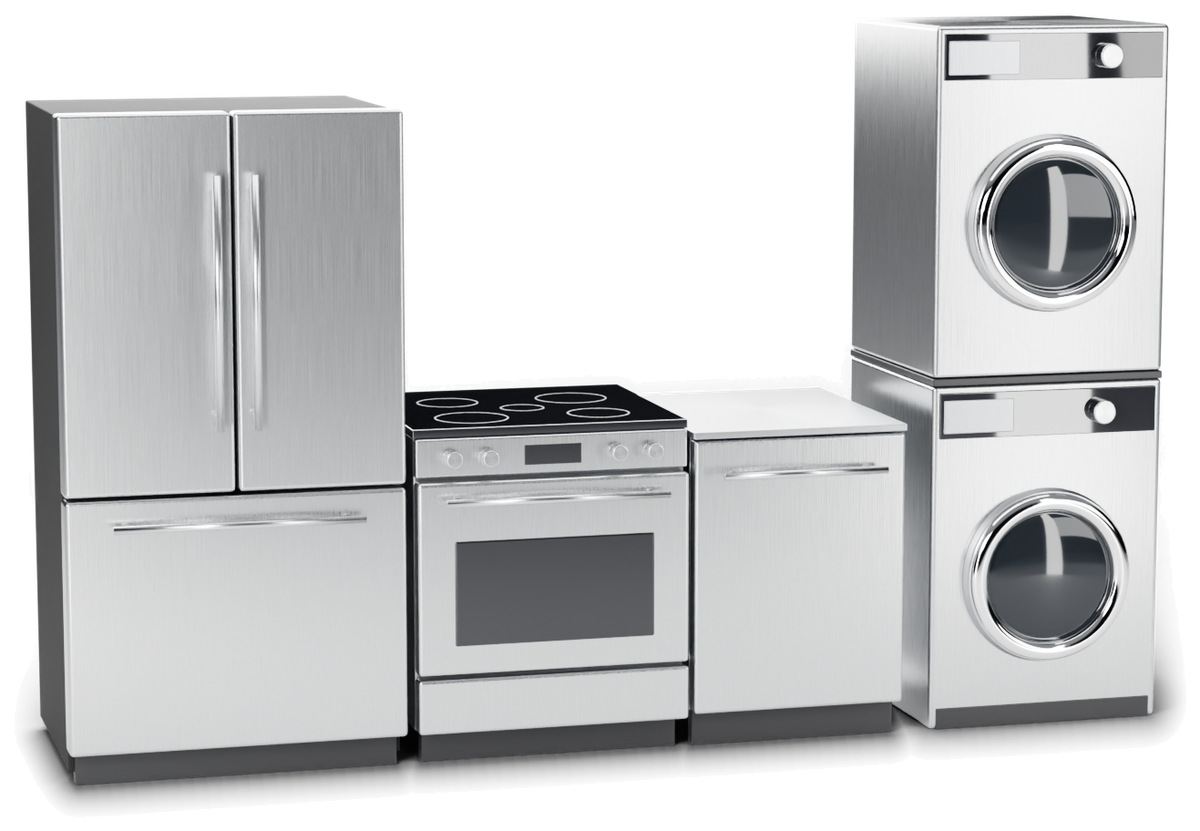 Stainless steel refrigerator, range, dishwasher and stacked washer and dryer